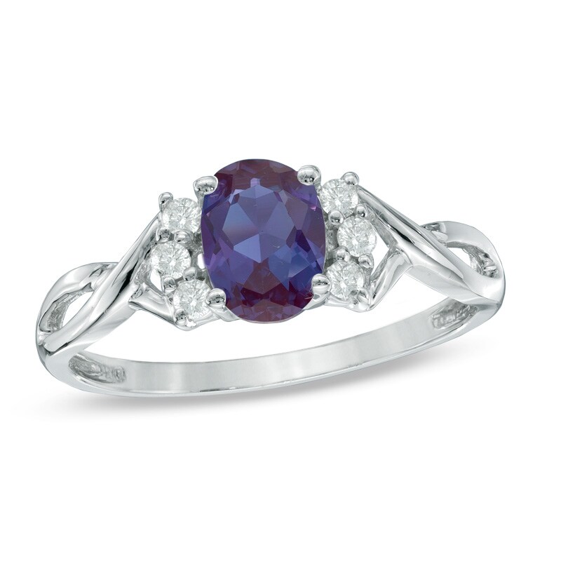 Main Image 1 of Previously Owned - Oval Lab-Created Alexandrite and 1/8 CT. T.W. Diamond Ring in 10K White Gold