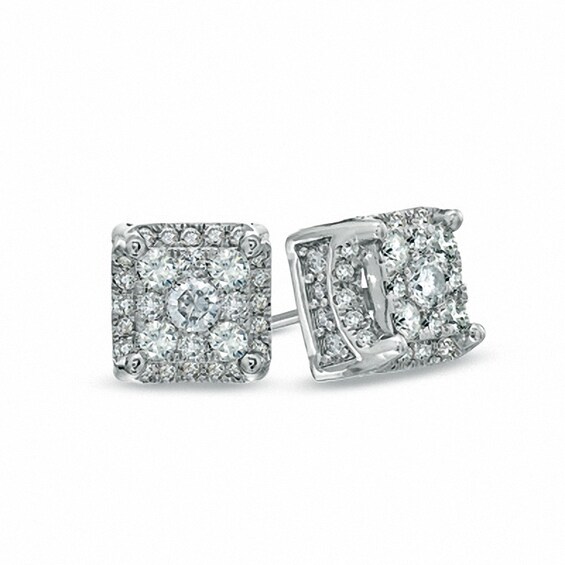 Previously Owned - 1/2 CT. T.W. Diamond Square Cluster Stud Earrings in 10K White Gold Previously Owned - 1/2 CT. T.W. Diamond Square Cluster Stud Earrings in 10K White Gold