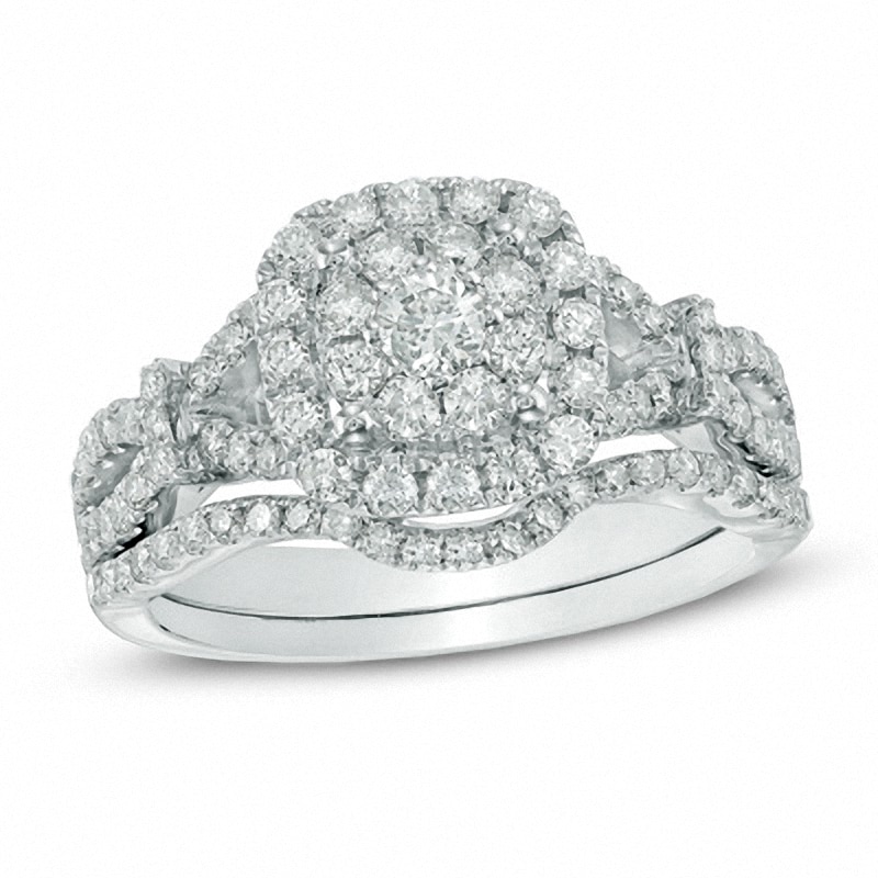 Main Image 1 of Previously Owned - 1 CT. T.W. Composite Diamond Frame Bridal Set in 14K White Gold