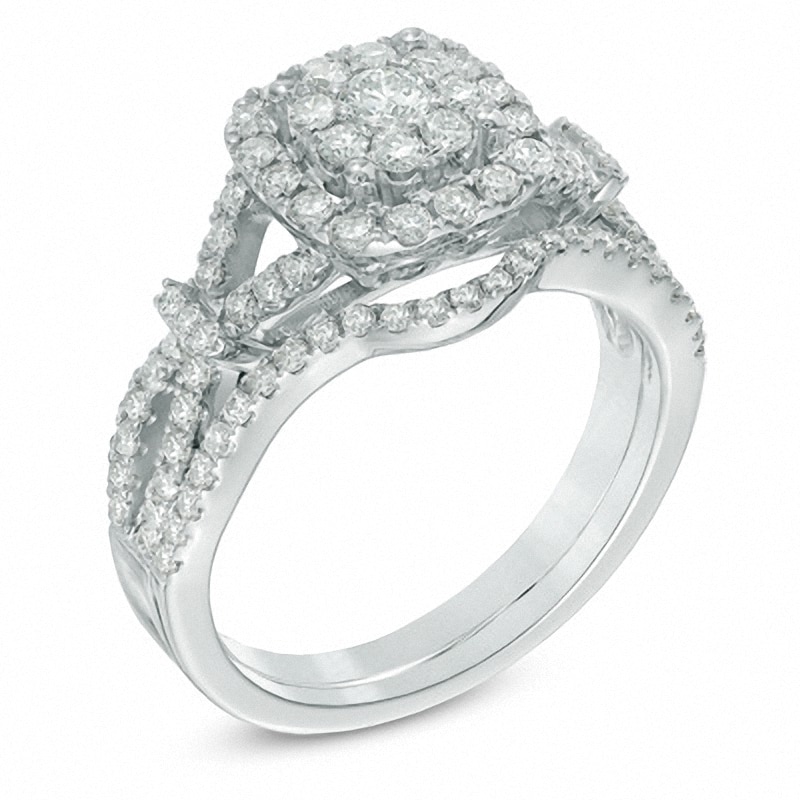 Main Image 2 of Previously Owned - 1 CT. T.W. Composite Diamond Frame Bridal Set in 14K White Gold