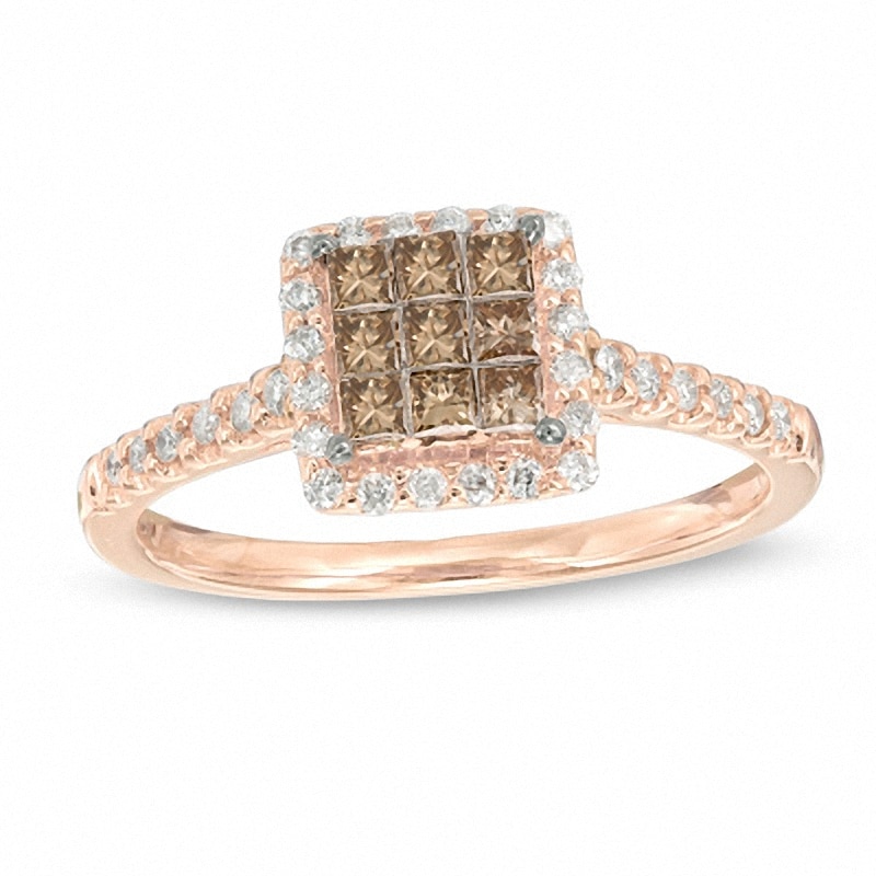 Previously Owned - 1/2 CT. T.W. Champagne and White Diamond Square Cluster Frame Ring in 10K Rose Gold