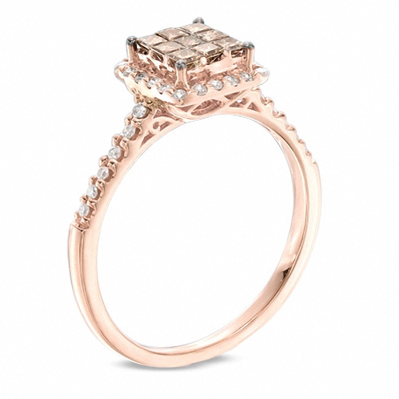Main Image 2 of Previously Owned - 1/2 CT. T.W. Champagne and White Diamond Square Cluster Frame Ring in 10K Rose Gold