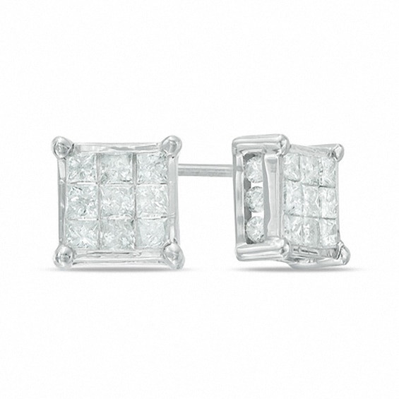 Previously Owned - 1 CT. T.W. Diamond Square Composite Stud Earrings in 10K White Gold Previously Owned - 1 CT. T.W. Diamond Square Composite Stud Earrings in 10K White Gold
