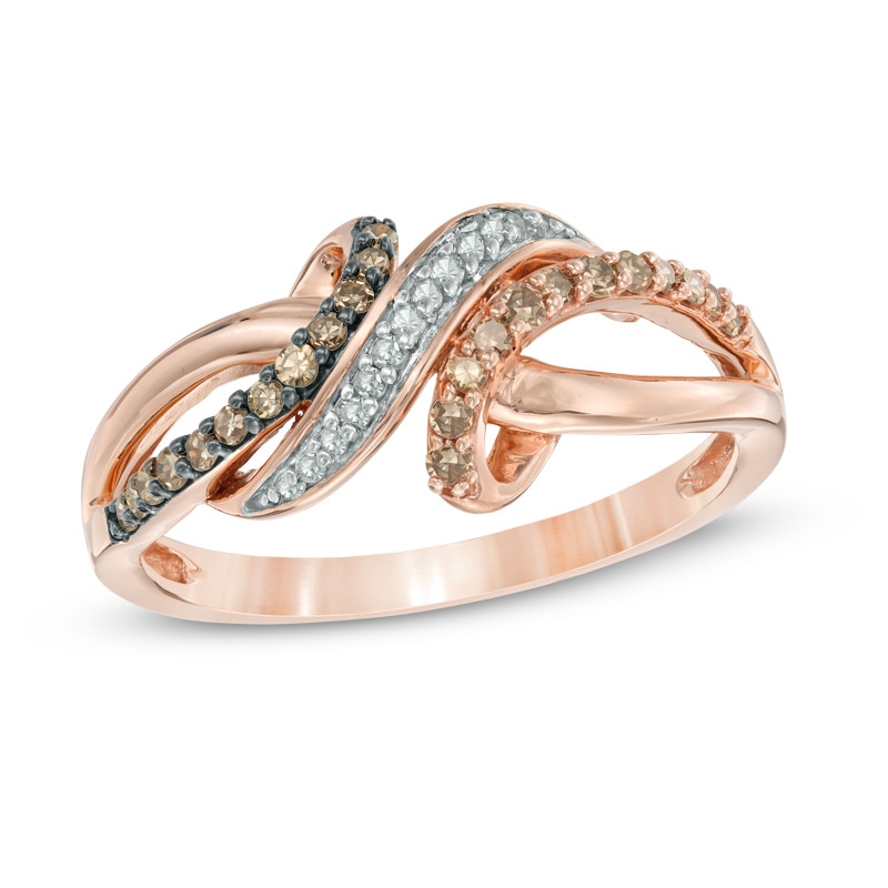 Previously Owned - 1/4 CT. T.W. Champagne and White Diamond Bypass Waves Ring in 10K Rose Gold