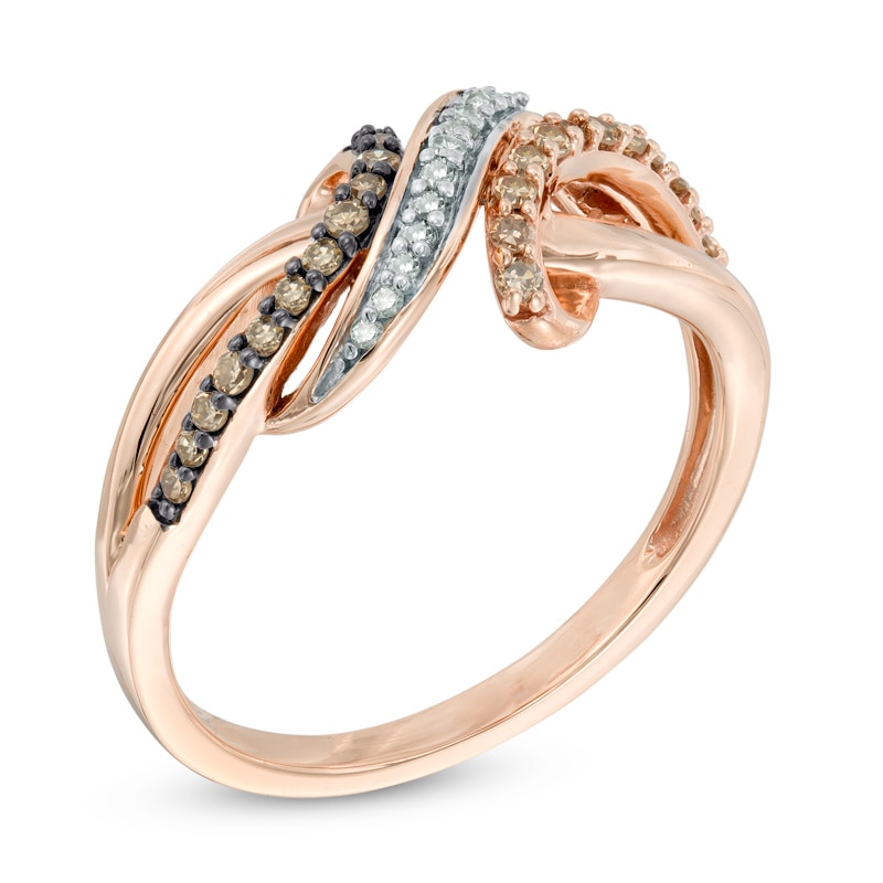 Previously Owned - 1/4 CT. T.W. Champagne and White Diamond Bypass Waves Ring in 10K Rose Gold