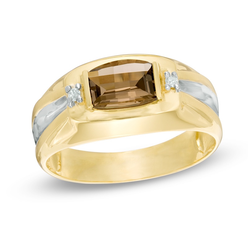 Previously Owned - Men's Barrel-Cut Smoky Quartz and Diamond Accent Ring in 10K Gold
