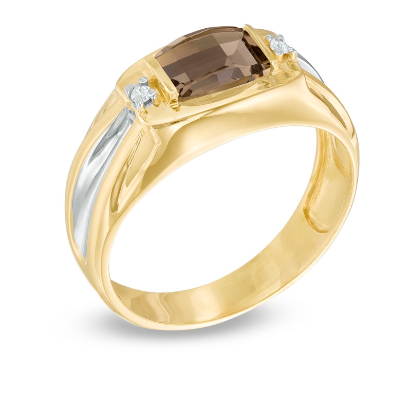 Previously Owned - Men's Barrel-Cut Smoky Quartz and Diamond Accent Ring in 10K Gold