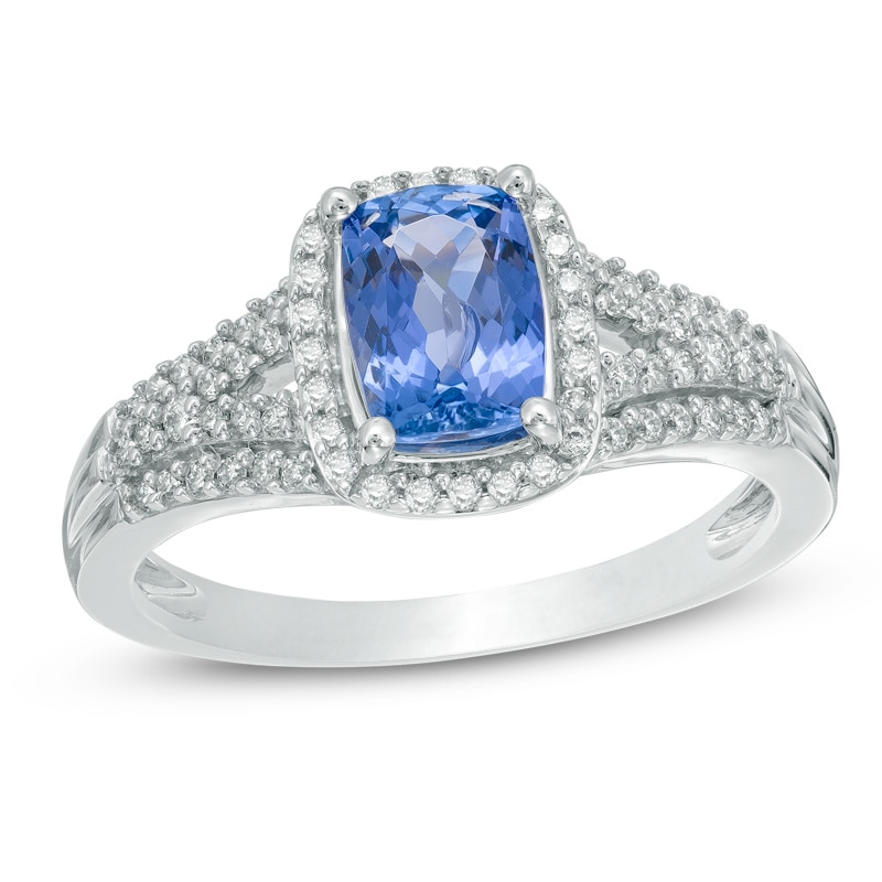 Previously Owned - Cushion-Cut Tanzanite and 1/4 CT. T.W. Diamond Frame Engagement Ring in 14K White Gold