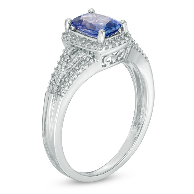 Previously Owned - Cushion-Cut Tanzanite and 1/4 CT. T.W. Diamond Frame Engagement Ring in 14K White Gold