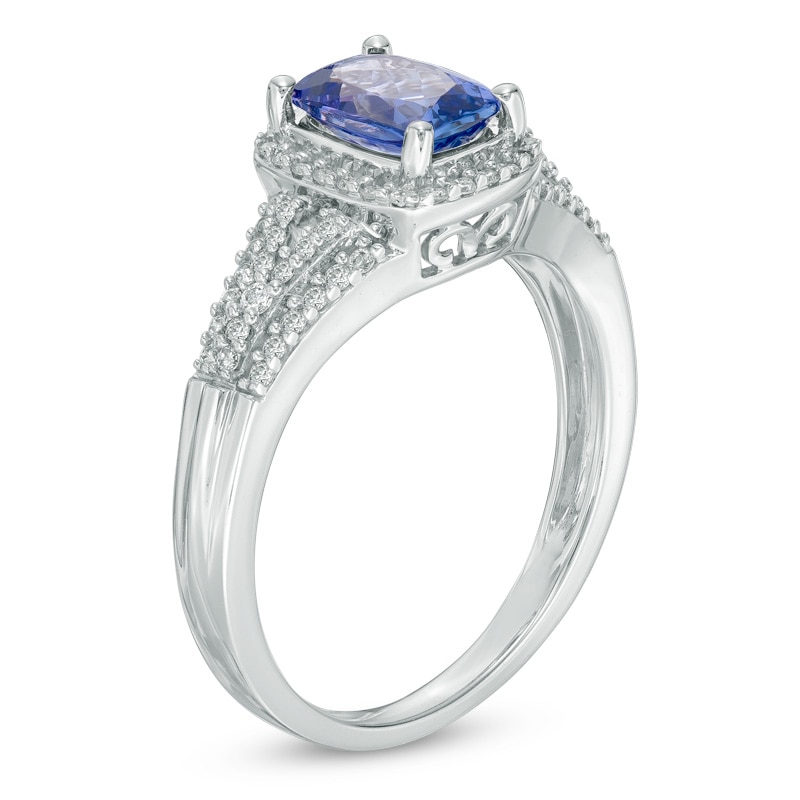 Main Image 2 of Previously Owned - Cushion-Cut Tanzanite and 1/4 CT. T.W. Diamond Frame Engagement Ring in 14K White Gold