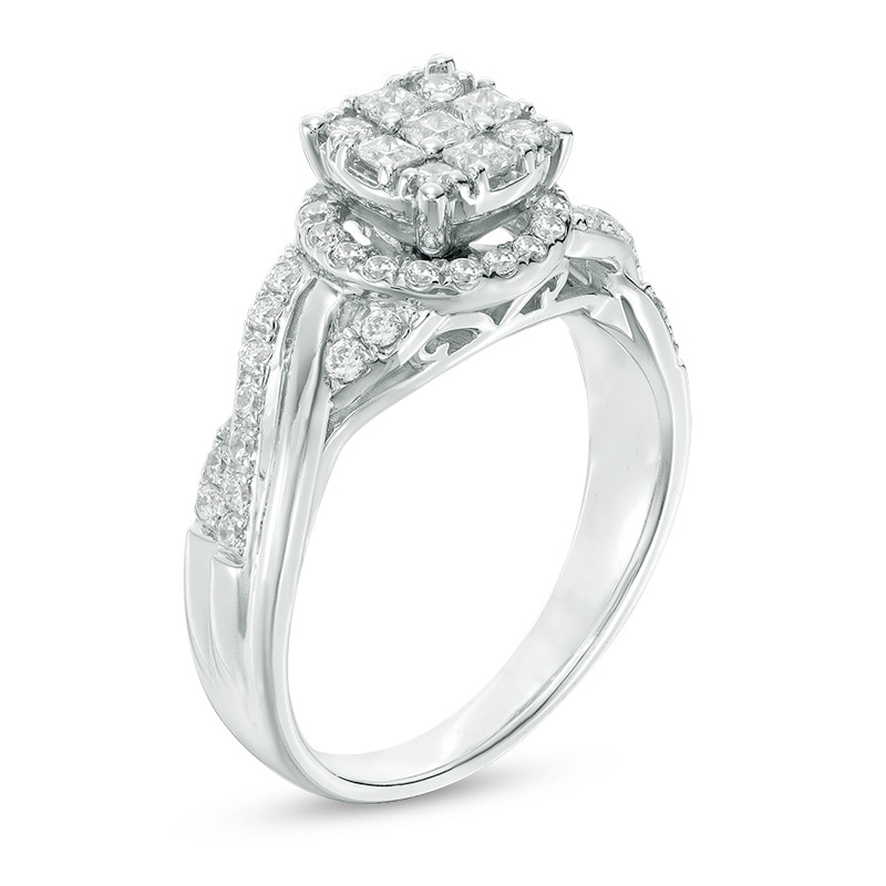 Main Image 2 of Previously Owned - 3/4 CT. T.W. Princess-Cut Composite Diamond Frame Ring in 10K White Gold