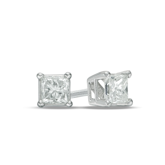 Previously Owned - 1/2 CT. T.W. Princess-Cut Diamond Solitaire Stud Earrings in 14K White Gold Previously Owned - 1/2 CT. T.W. Princess-Cut Diamond Solitaire Stud Earrings in 14K White Gold