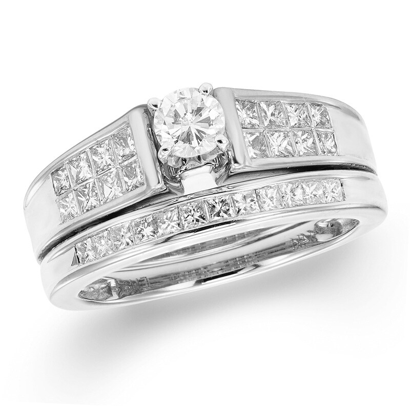 Main Image 1 of Previously Owned - 1 CT. T.W. Diamond Two Row Bridal Set in 14K White Gold (I/I2)
