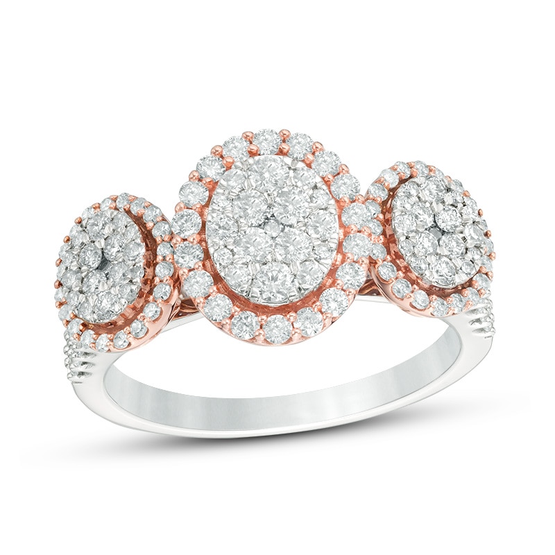 Main Image 1 of Previously Owned - 1 CT. T.W. Composite Diamond Three Stone Oval Frame Ring in 10K Two-Tone Gold