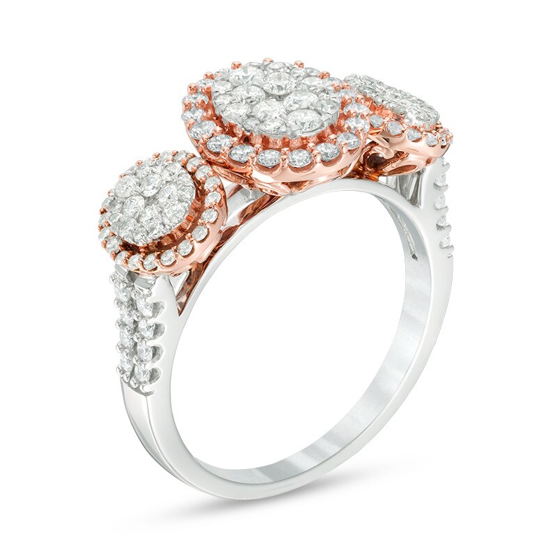 Main Image 2 of Previously Owned - 1 CT. T.W. Composite Diamond Three Stone Oval Frame Ring in 10K Two-Tone Gold