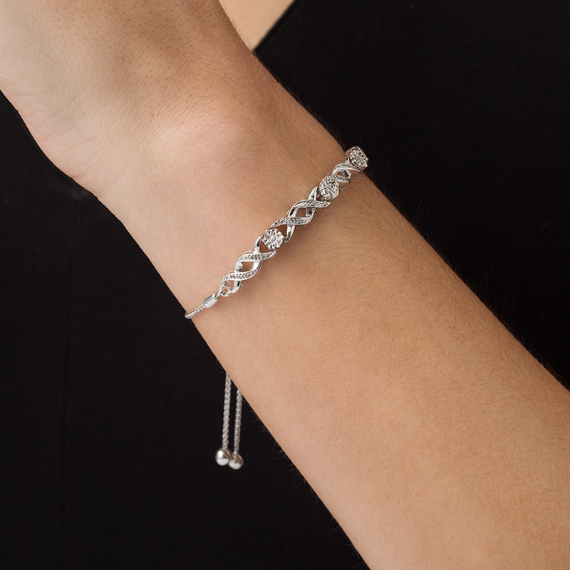 Main Image 2 of Previously Owned - 1/10 CT. T.W. Diamond "XO" Bolo Bracelet in 10K White Gold - 9.5"