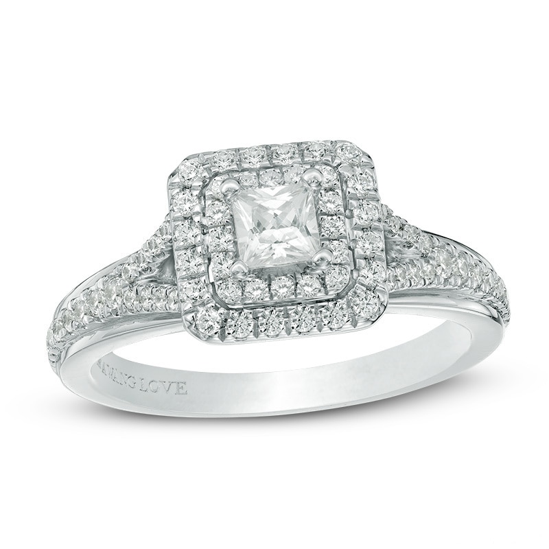 Main Image 1 of Previously Owned - Vera Wang Love Collection 5/8 CT. T.W. Princess-Cut Diamond Frame Engagement Ring in 14K White Gold
