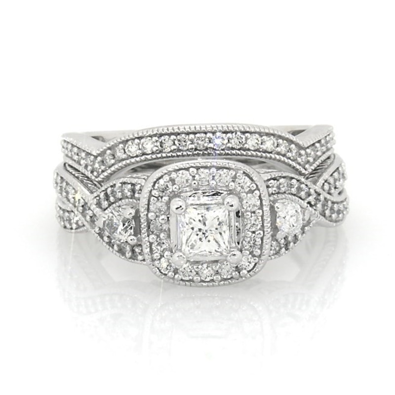 Main Image 1 of Previously Owned 1 CT. T.W. Princess-Cut Diamond Frame Vintage-Style Soldered Bridal Set in 14K White Gold