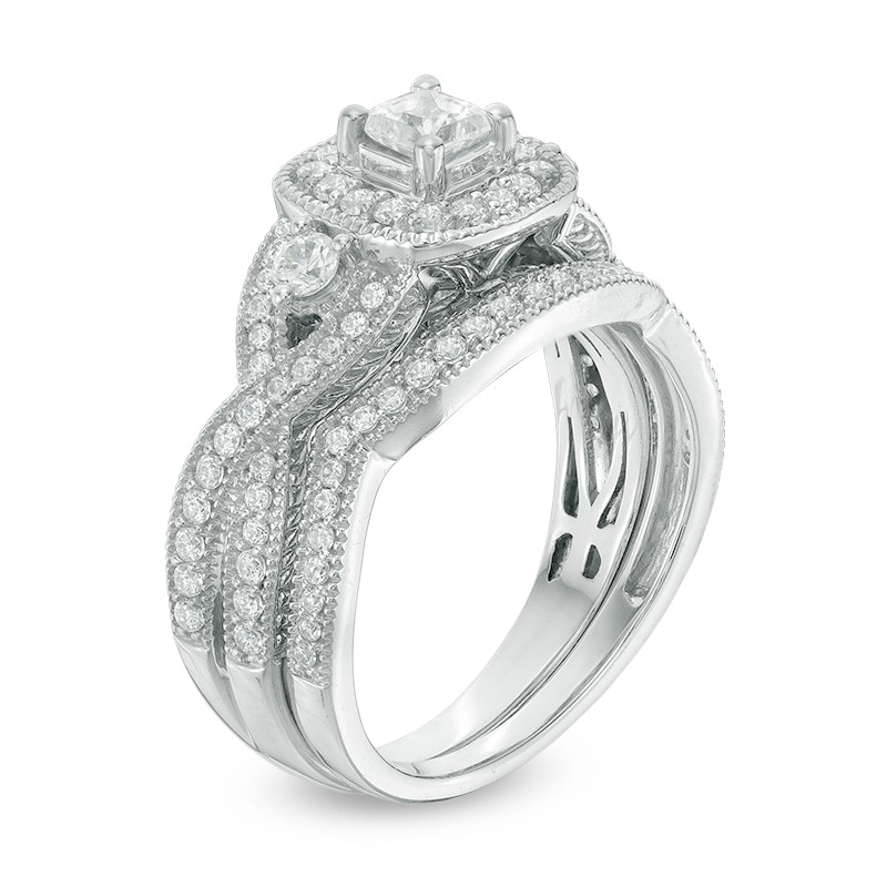 Main Image 2 of Previously Owned 1 CT. T.W. Princess-Cut Diamond Frame Vintage-Style Soldered Bridal Set in 14K White Gold