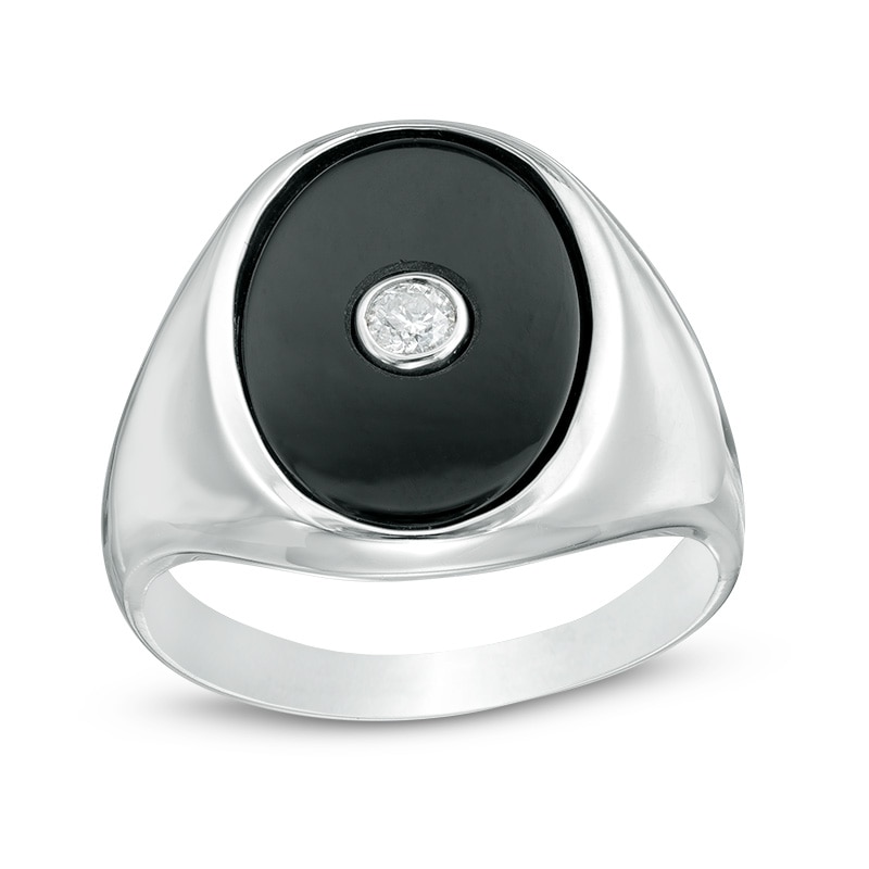 Main Image 1 of Previously Owned - Men's Oval Onyx  and 1/10 CT. Diamond Signet Ring in Sterling Silver