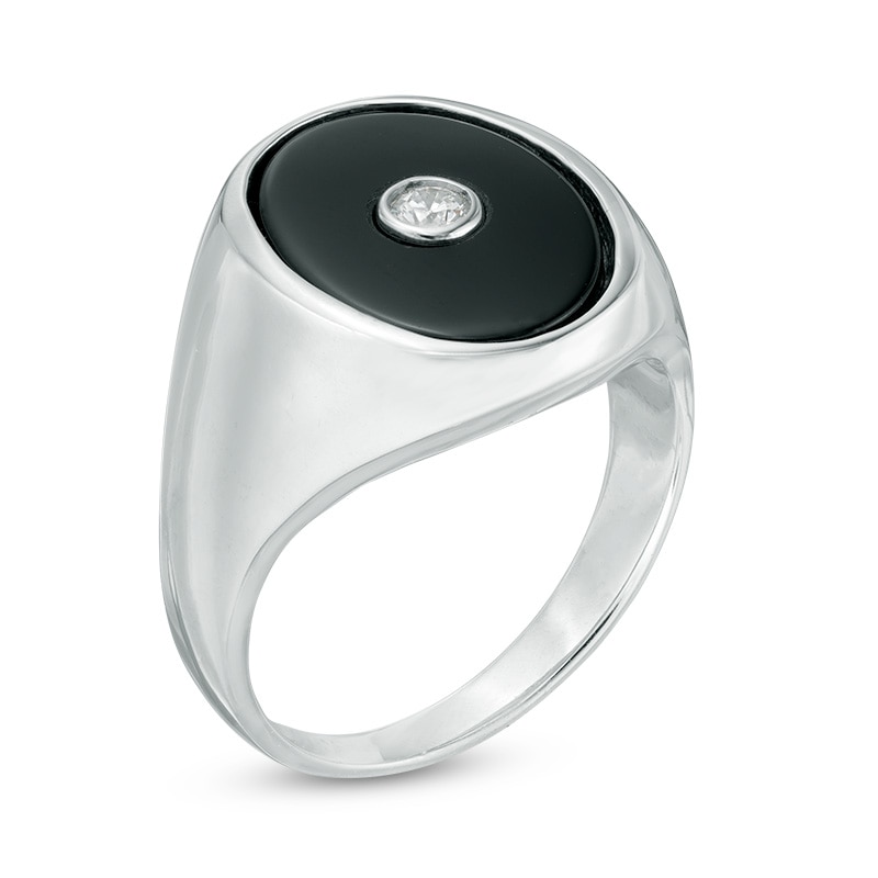 Main Image 2 of Previously Owned - Men's Oval Onyx  and 1/10 CT. Diamond Signet Ring in Sterling Silver