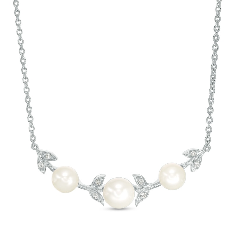 Main Image 1 of Previously Owned-5.0-7.0mm Freshwater Cultured Pearl and Lab-Created White Sapphire Vine Necklace in Sterling Silver