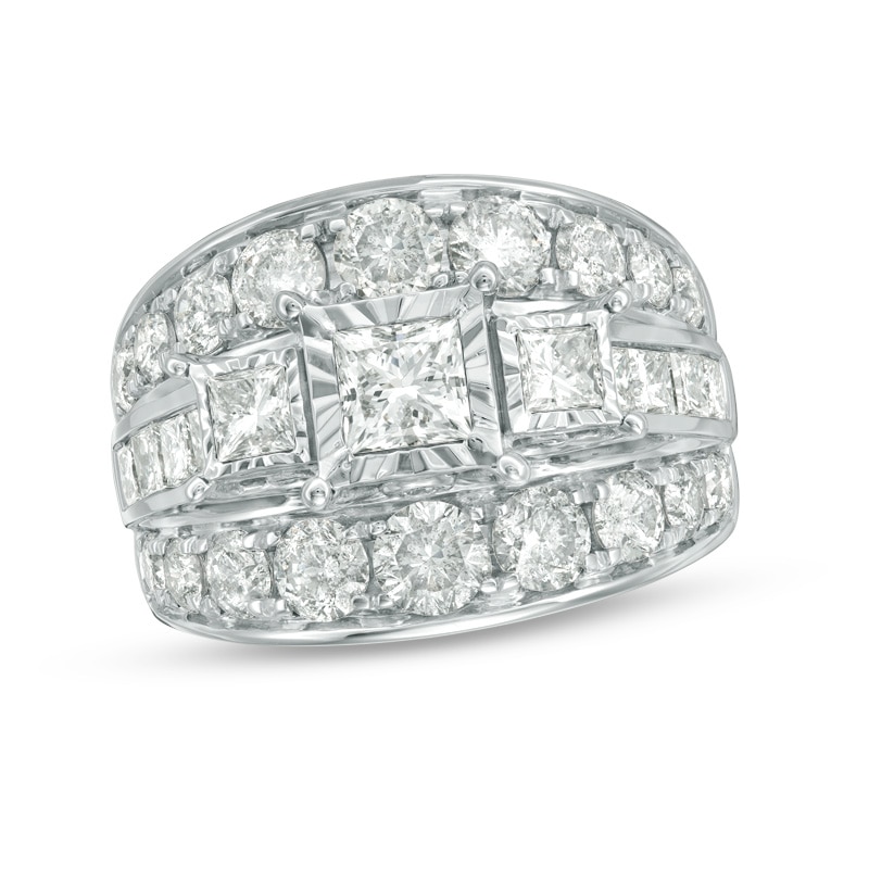 Previously Owned - 4 CT. T.W. Princess-Cut Diamond Past Present Future® Multi-Row Engagement Ring in 14K White Gold