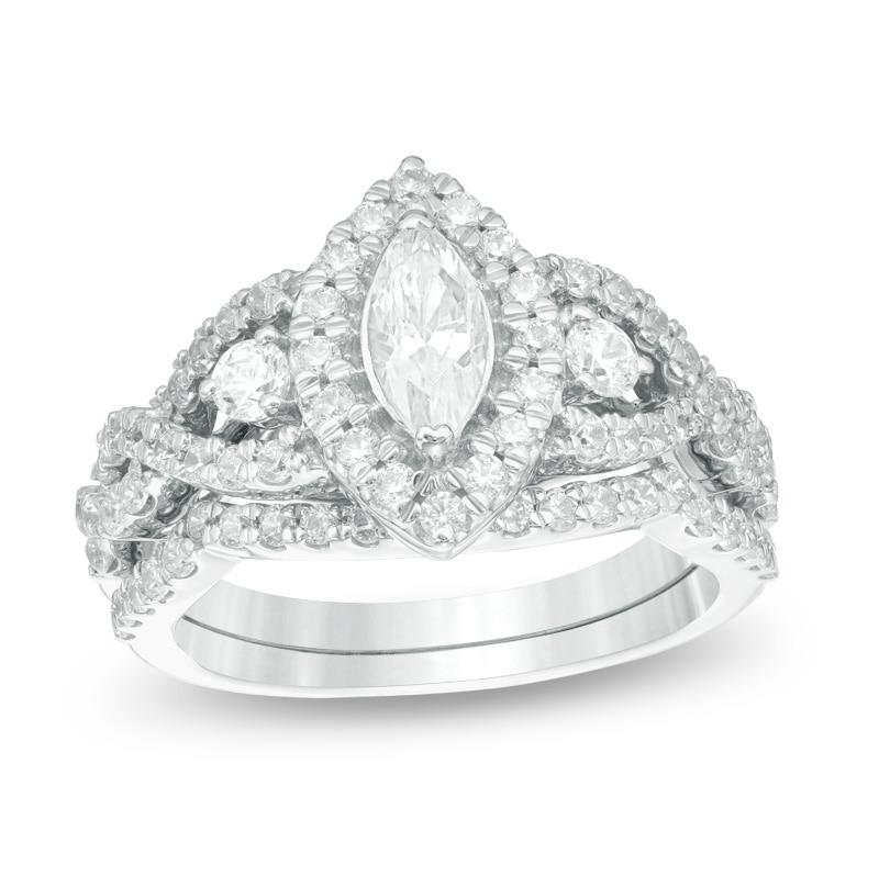 Main Image 1 of Previously Owned - 1-1/2 CT. T.W. Marquise Diamond Frame Twist Bridal Set in 10K White Gold
