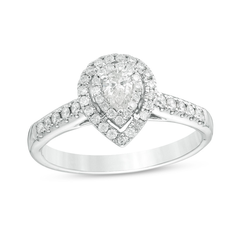 Main Image 1 of Previously Owned - 1/2 CT. T.W. Pear-Shaped Diamond Double Frame Tiered Engagement Ring in 14K White Gold