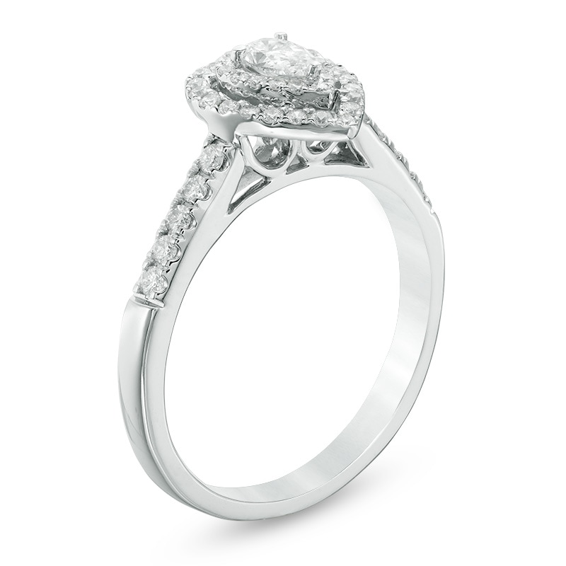 Main Image 2 of Previously Owned - 1/2 CT. T.W. Pear-Shaped Diamond Double Frame Tiered Engagement Ring in 14K White Gold