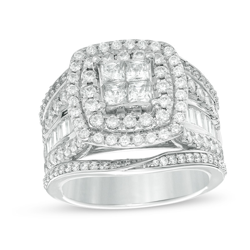 Main Image 1 of Previously Owned - 2-1/2 CT. T.W. Quad Princess-Cut Diamond Double Frame Multi-Row Engagement Ring in 14K White Gold