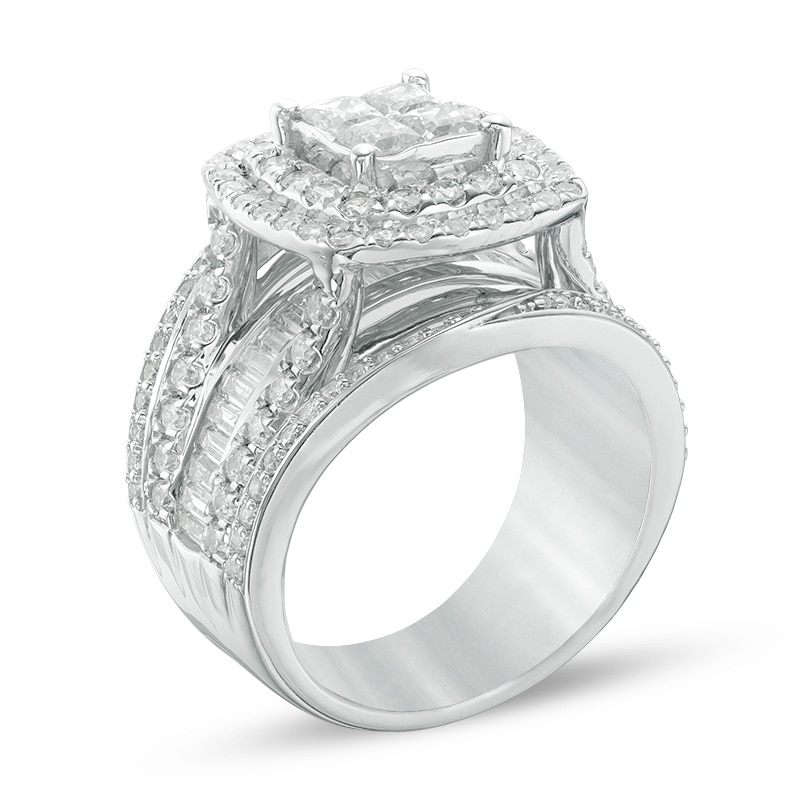 Main Image 2 of Previously Owned - 2-1/2 CT. T.W. Quad Princess-Cut Diamond Double Frame Multi-Row Engagement Ring in 14K White Gold