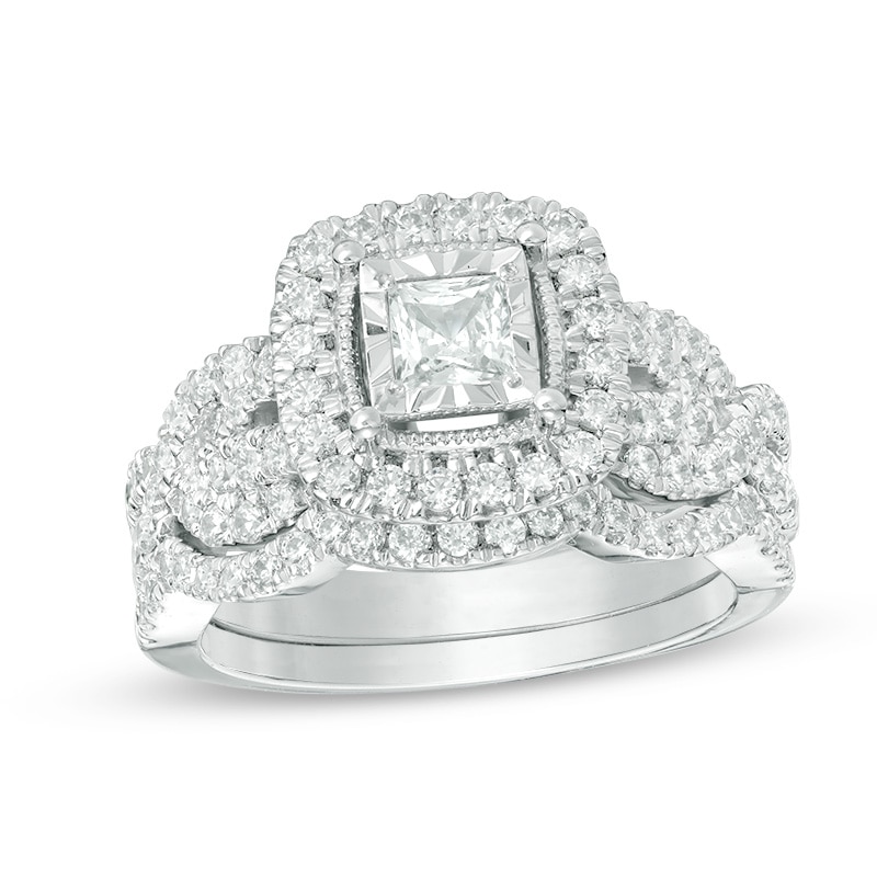 Main Image 1 of Previously Owned - 1-1/2 CT. T.W. Princess-Cut Diamond Frame Vintage-Style Twist Bridal Set in 14K White Gold
