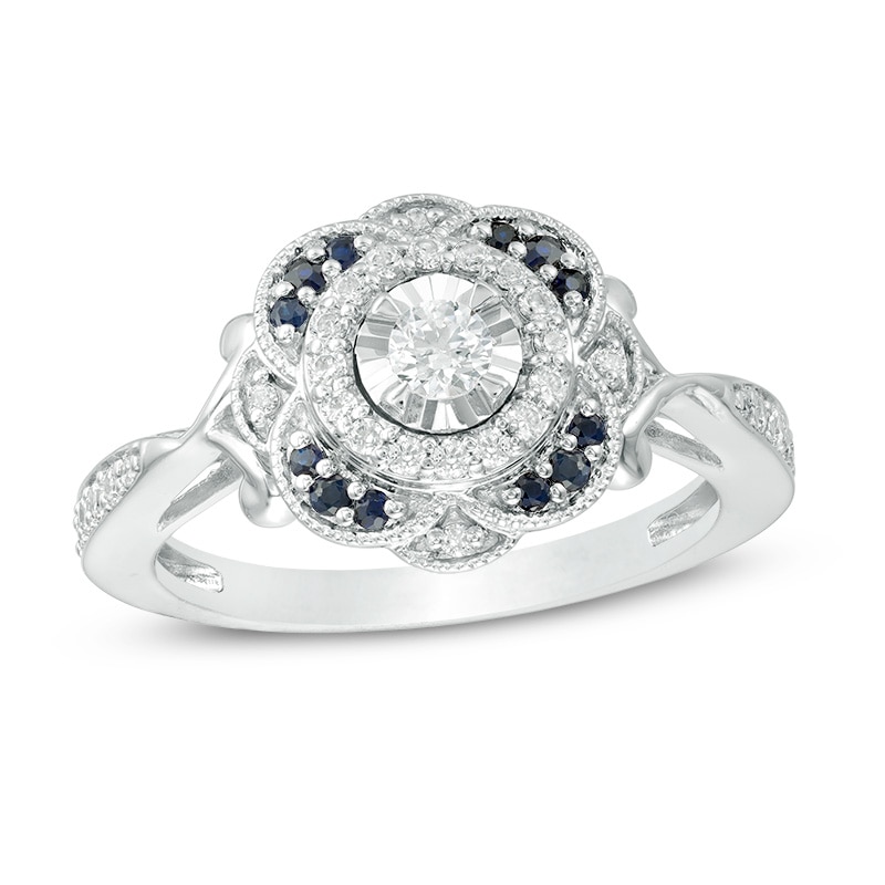 Previously Owned - 1/3 CT. T.W. Diamond and Blue Sapphire Flower Frame Vintage-Style Engagement Ring in 10K White Gold