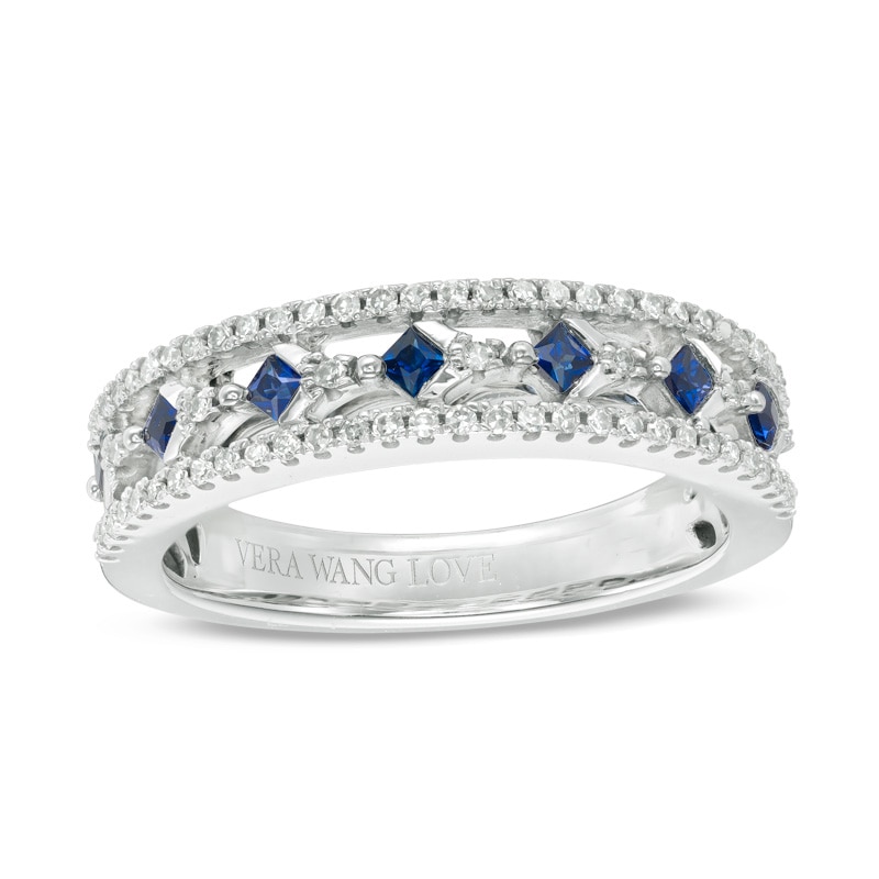 Previously Owned - Vera Wang Love Collection Princess-Cut Blue Sapphire and 1/5 CT. T.W. Diamond Band in 14K White Gold