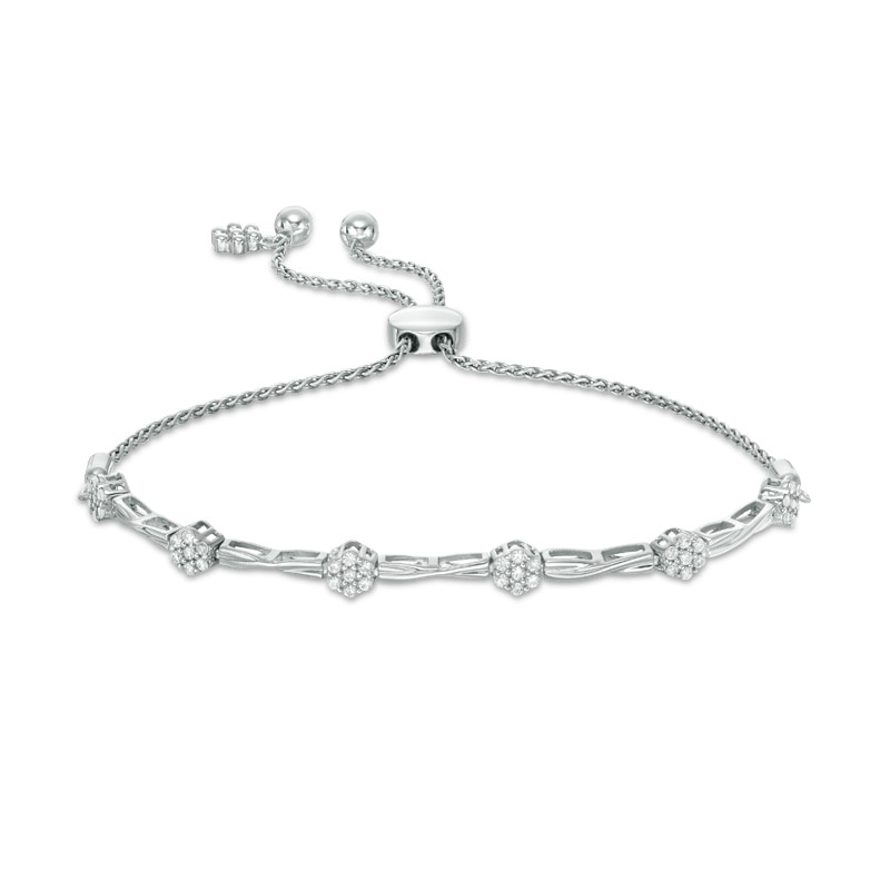 Main Image 1 of Previously Owned - 3/8 CT. T.W. Diamond Composite Flower Twist Bolo Bracelet in 10K White Gold - 8.9"