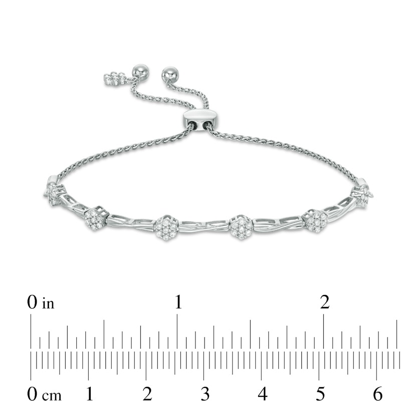 Main Image 2 of Previously Owned - 3/8 CT. T.W. Diamond Composite Flower Twist Bolo Bracelet in 10K White Gold - 8.9"