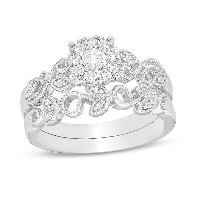 Main Image 1 of Previously Owned - Perfect Fit 1/3 CT. T.W. Diamond Frame Vine-Shank Interlocking Bridal Set in 10K White Gold