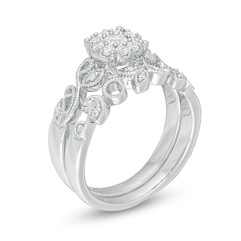 Main Image 3 of Previously Owned - Perfect Fit 1/3 CT. T.W. Diamond Frame Vine-Shank Interlocking Bridal Set in 10K White Gold