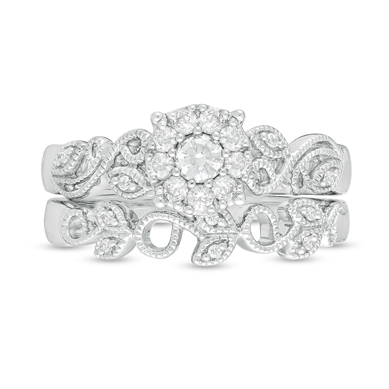 Main Image 4 of Previously Owned - Perfect Fit 1/3 CT. T.W. Diamond Frame Vine-Shank Interlocking Bridal Set in 10K White Gold