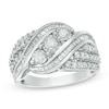 Previously Owned - 1 CT. T.W. Baguette and Round Diamond Three Stone Bypass Ring in Sterling Silver