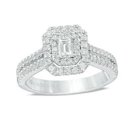 Previously Owned - Vera Wang Love Collection 1 CT. T.W. Emerald-Cut Diamond Double Row Engagement Ring in 14K White Gold