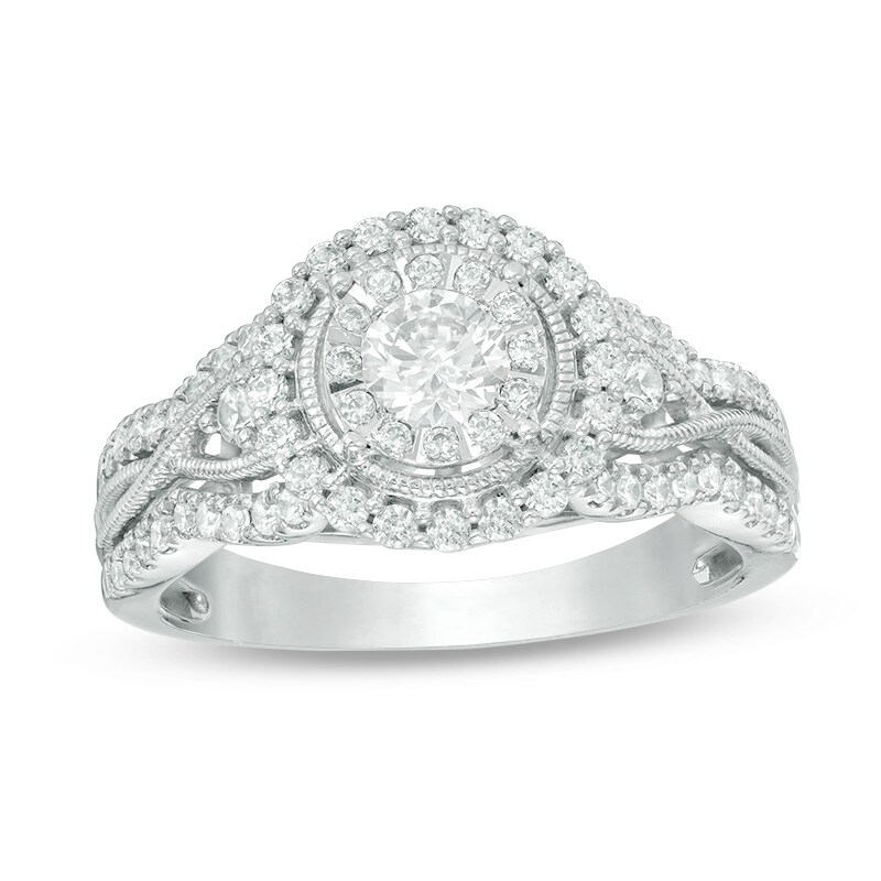 Previously Owned - 7/8 CT. T.W. Diamond Frame Vintage-Style Engagement Ring in 14K White Gold