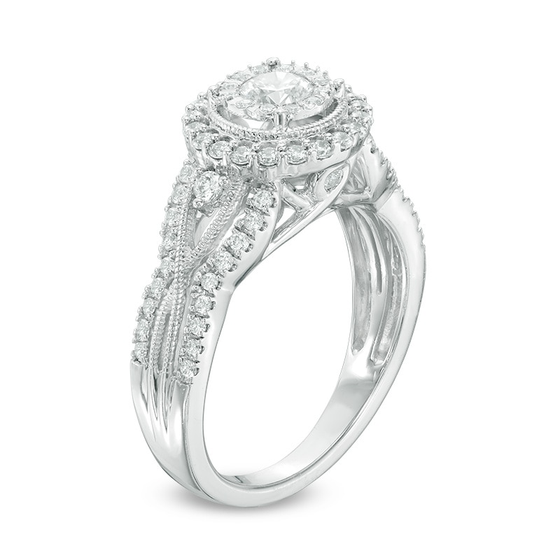 Previously Owned - 7/8 CT. T.W. Diamond Frame Vintage-Style Engagement Ring in 14K White Gold