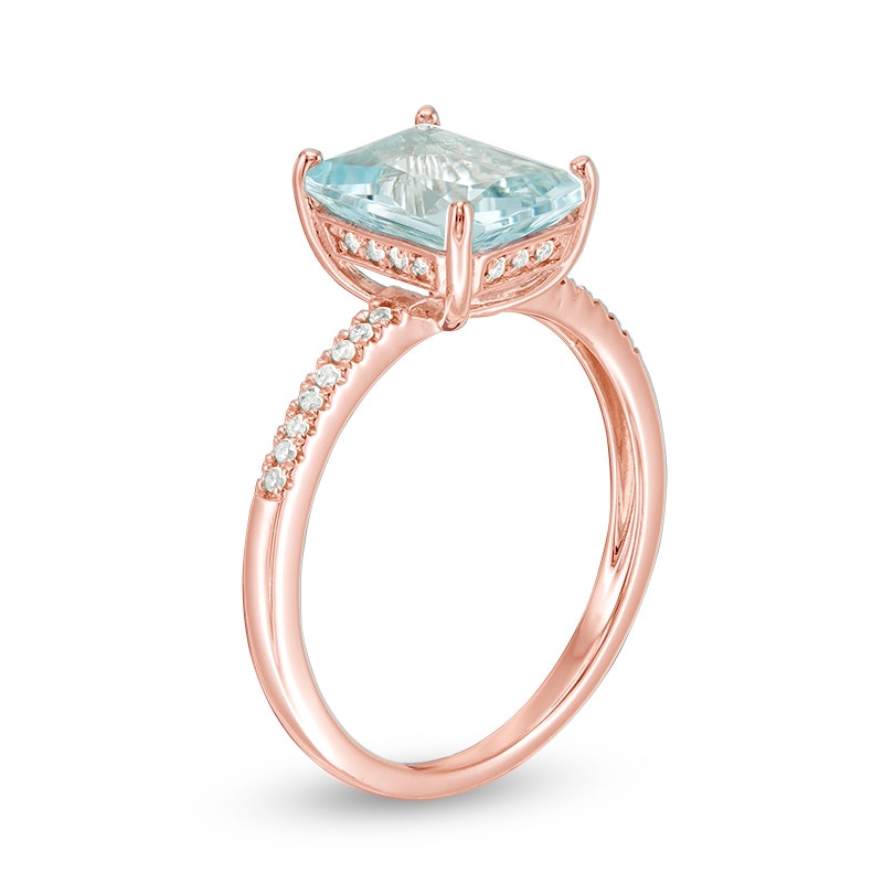Main Image 2 of Previously Owned - Emerald-Cut Aquamarine and 1/10 CT. T.W. Diamond Ring in 14K Rose Gold