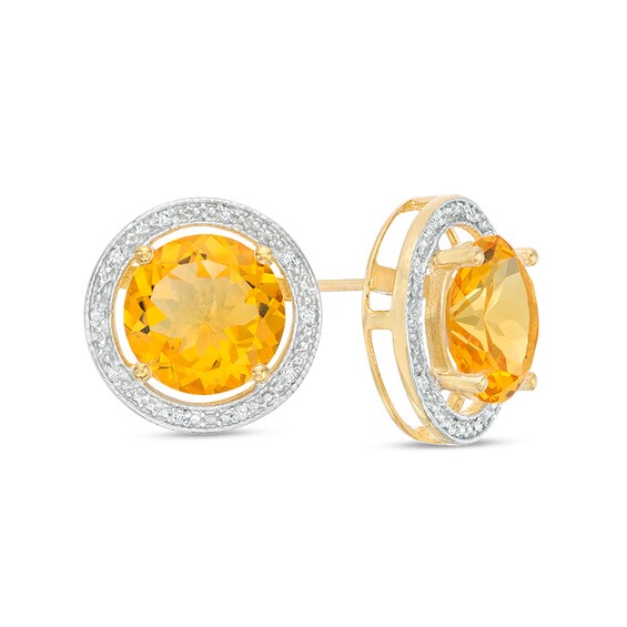 Previously Owned - 12.0mm Lab-Created Citrine and 1/10 CT. T.W. Diamond Frame Stud Earrings in 10K Gold Previously Owned - 12.0mm Lab-Created Citrine and 1/10 CT. T.W. Diamond Frame Stud Earrings in 10K Gold