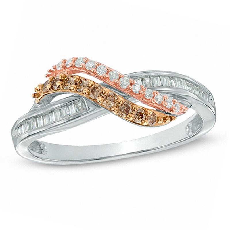 Previously Owned - 1/3 CT. T.W. Champagne and White Diamond Bypass Waves Ring in 10K Two-Tone Gold