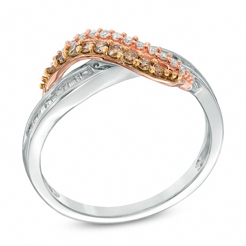 Previously Owned - 1/3 CT. T.W. Champagne and White Diamond Bypass Waves Ring in 10K Two-Tone Gold