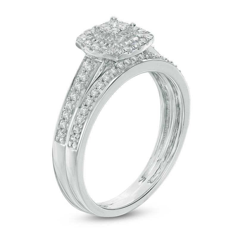 Main Image 2 of Previously Owned - 1/4 CT. T.W. Diamond Cushion Frame Bridal Set in 10K White Gold
