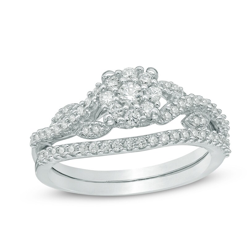 Main Image 1 of Previously Owned - 1/2 CT. T.W. Diamond Frame Vine Split Shank Bridal Set in 10K White Gold